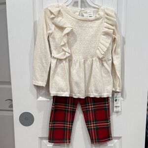 Carter's Ivory Ruffle Top and Red Plaid Pants Set